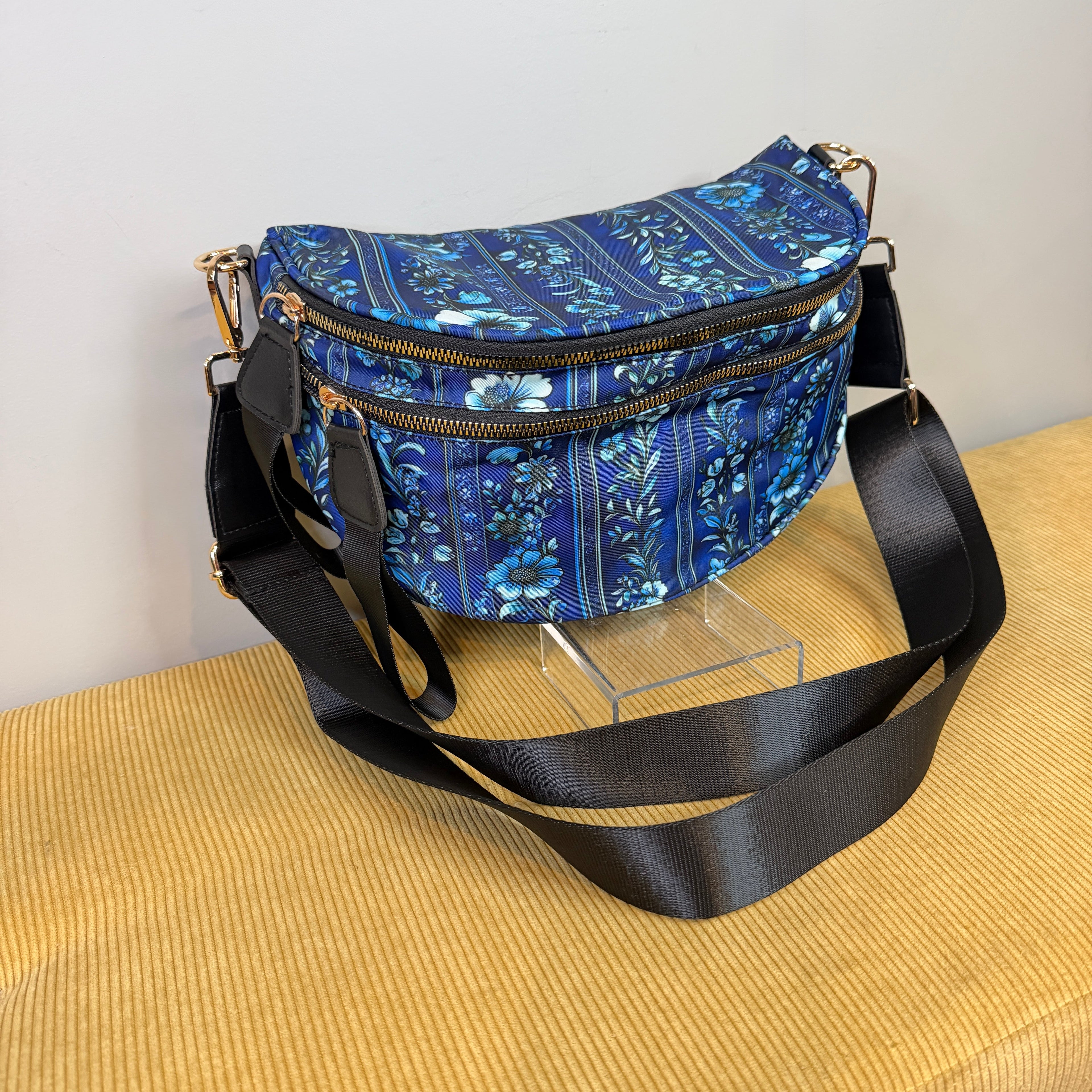 The Roni Nylon Crossbody - Blue Stripe Floral