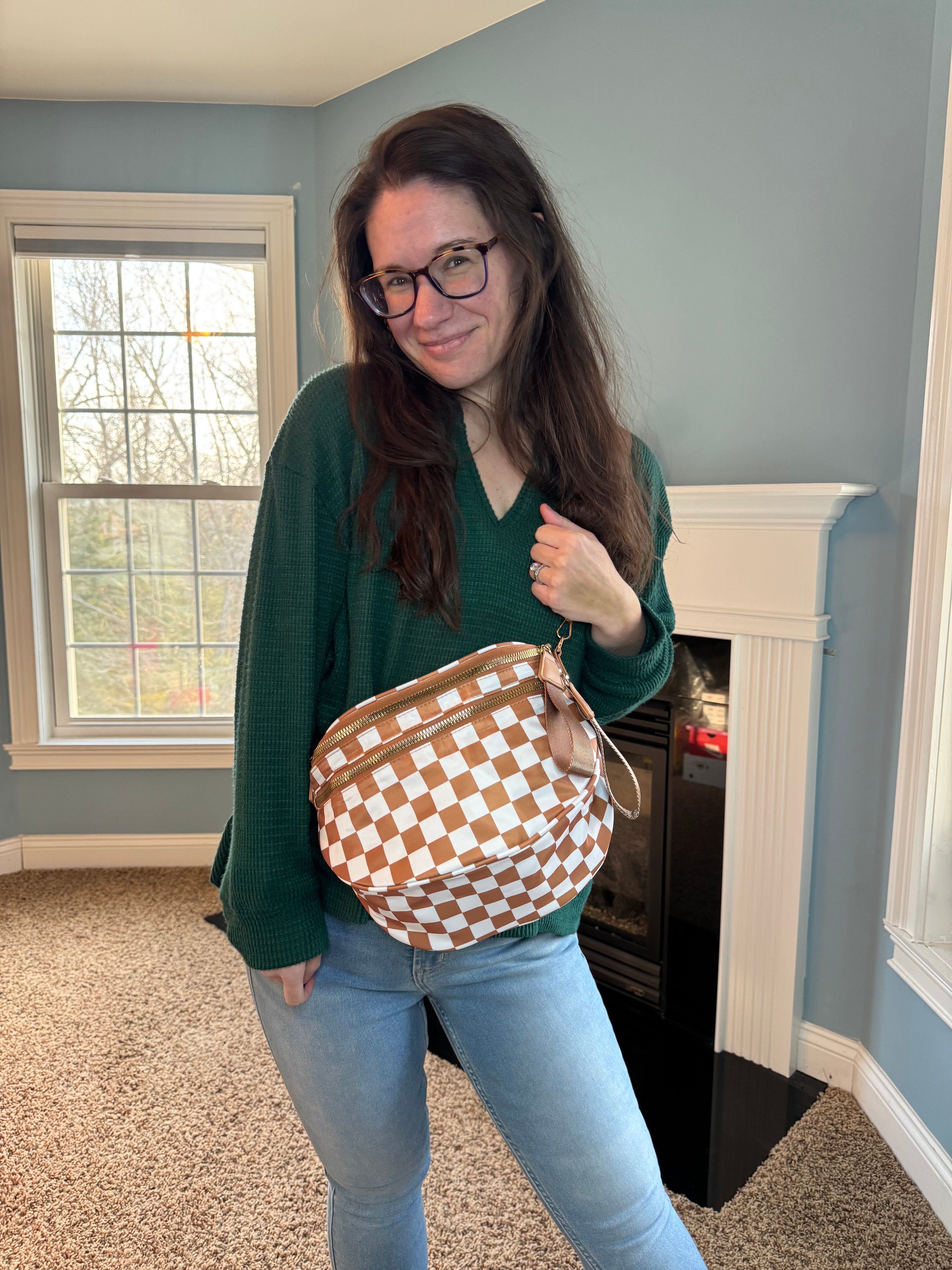 The Roni Nylon Crossbody - Checkered Camel
