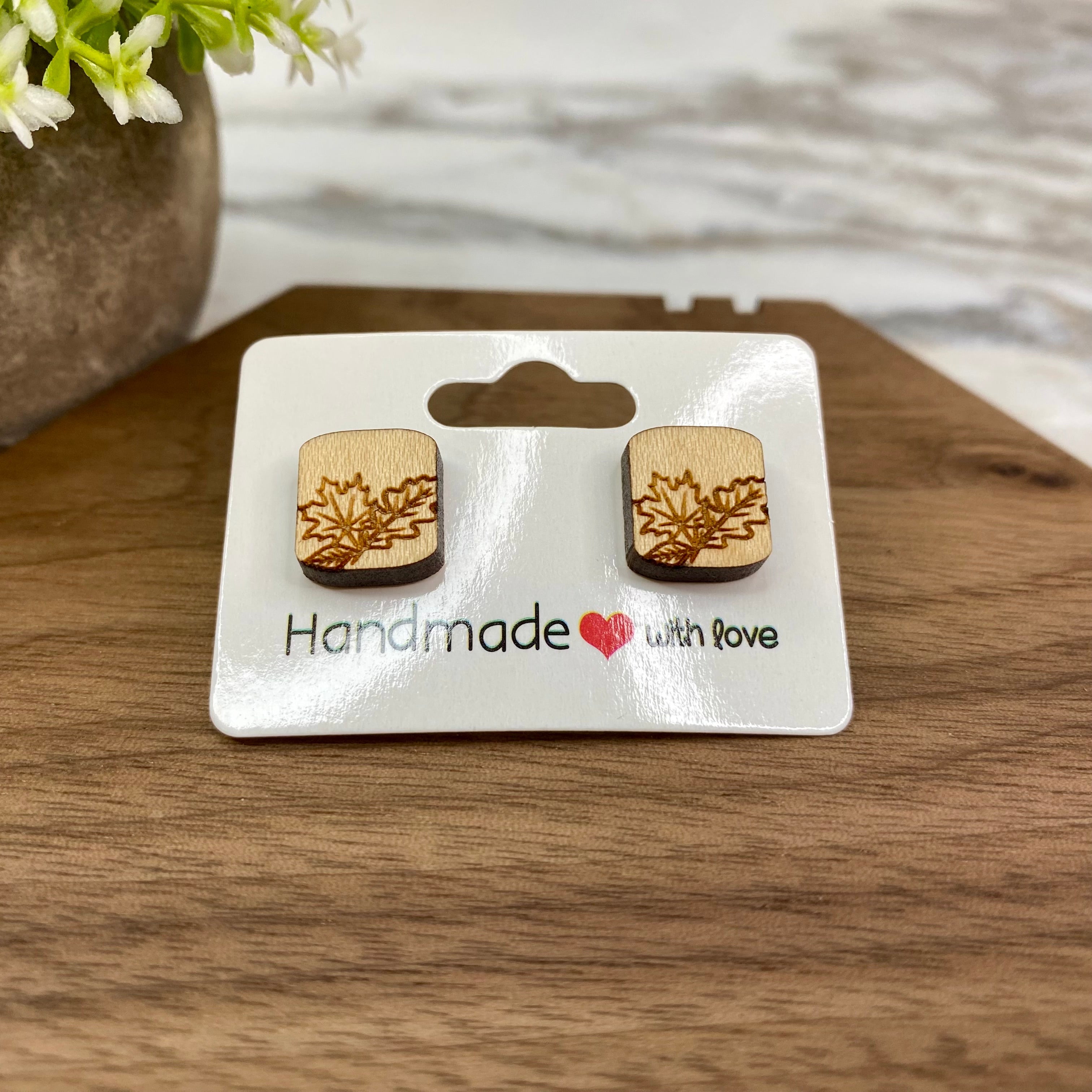 Wooden Stud Earrings - Square Leaves