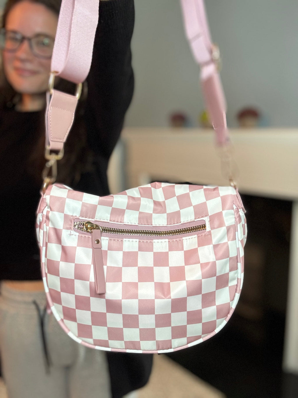 The Roni Nylon Crossbody - Checkered Medium Pink