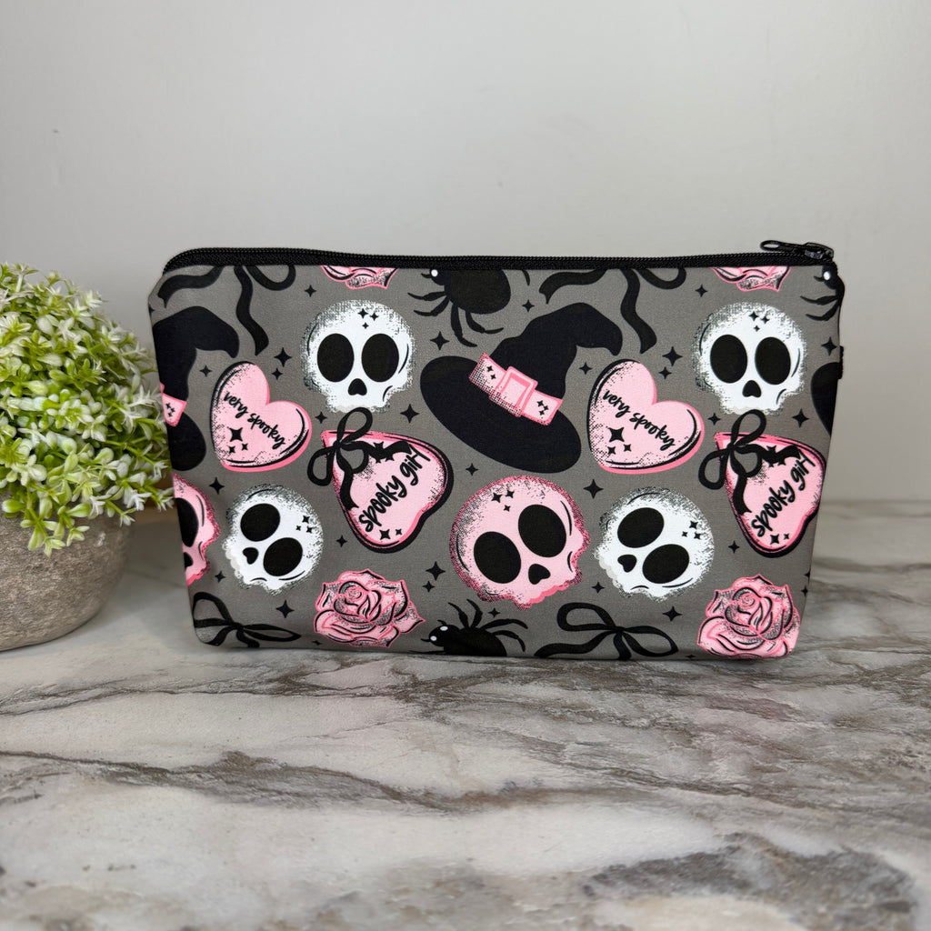 Pouch - Halloween Fall - Spooky Girl Skull Pink Grey