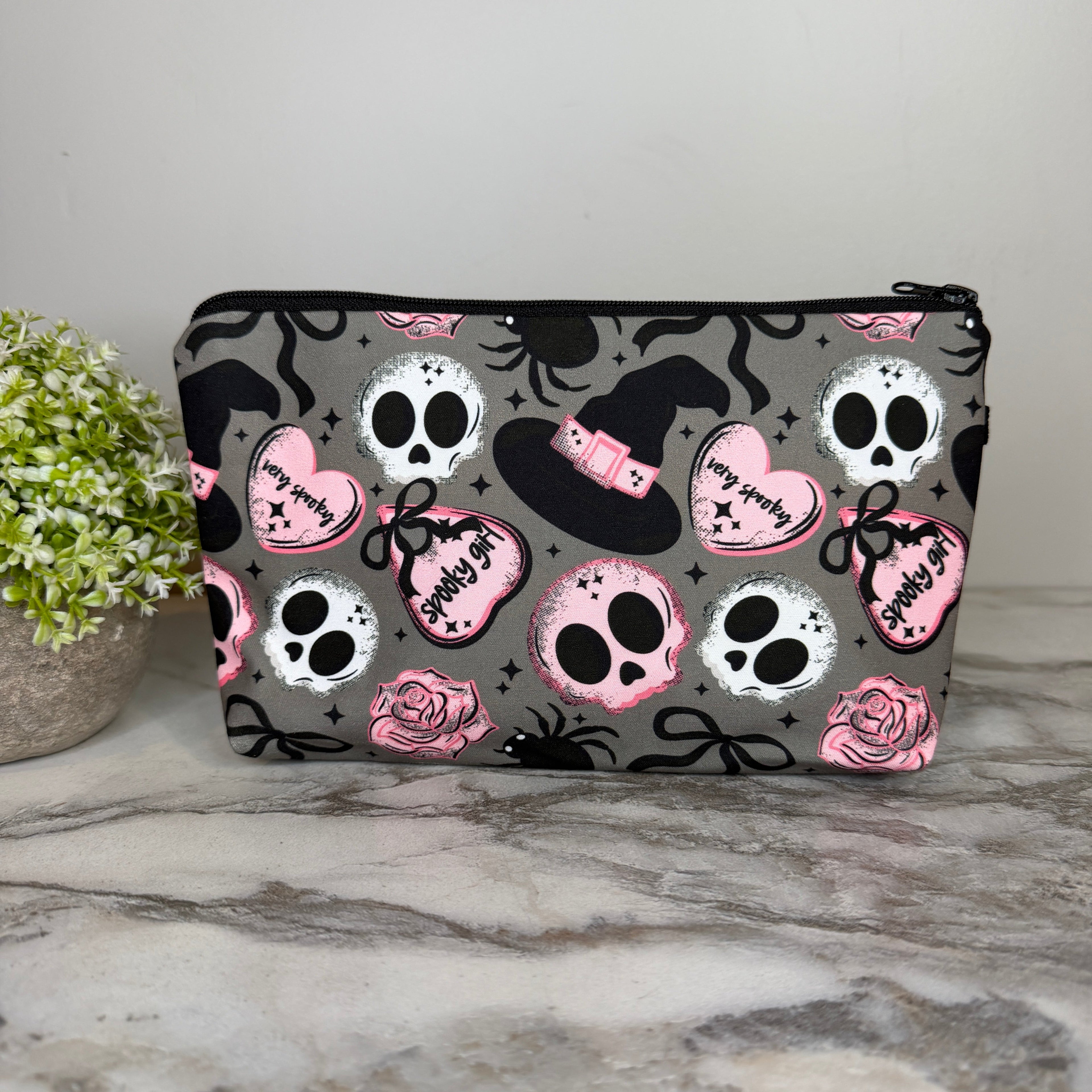 Pouch - Halloween Fall - Spooky Girl Skull Pink Grey