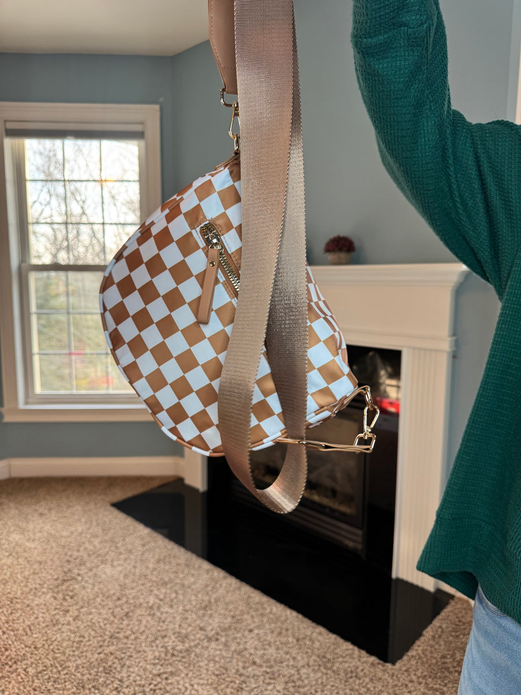 The Roni Nylon Crossbody - Checkered Camel