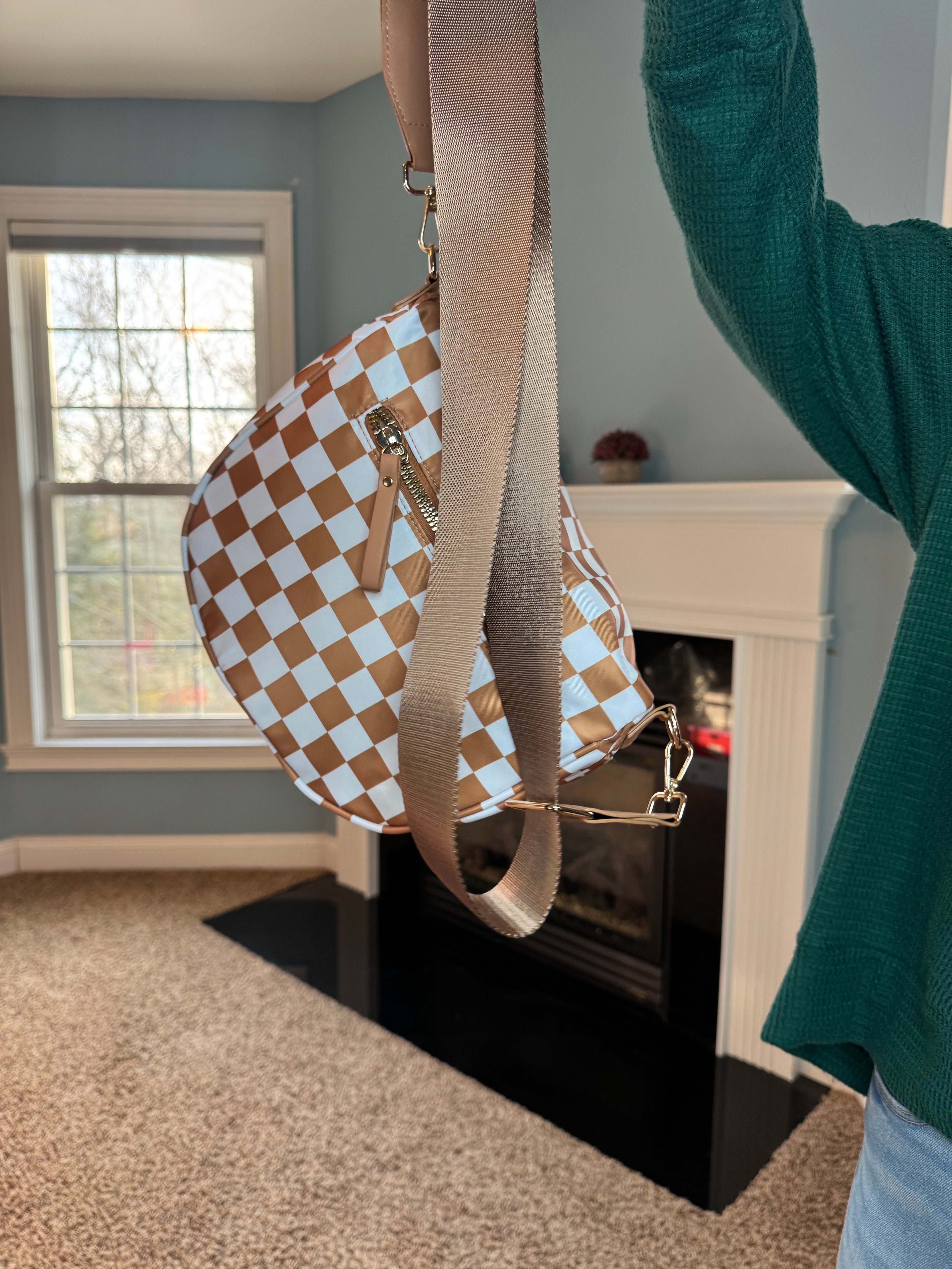 The Roni Nylon Crossbody - Checkered Camel