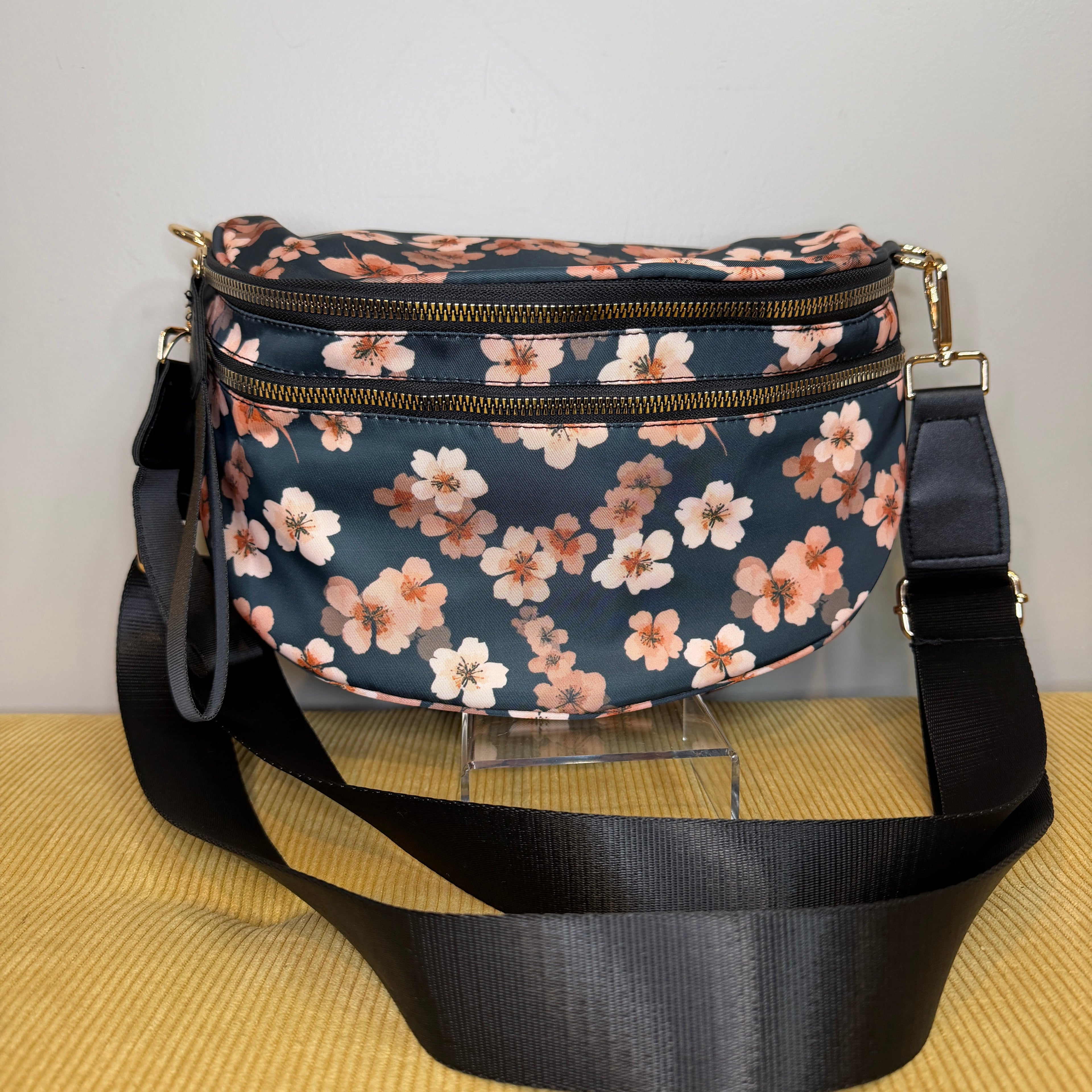 The Roni Nylon Crossbody - Floral Navy Pink Cherry Blossom