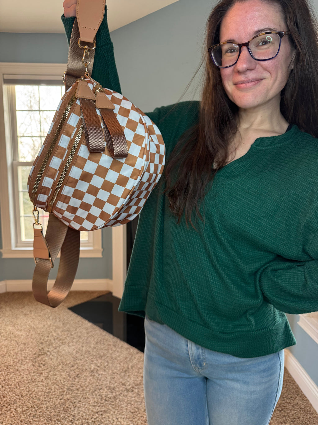 The Roni Nylon Crossbody - Checkered Camel