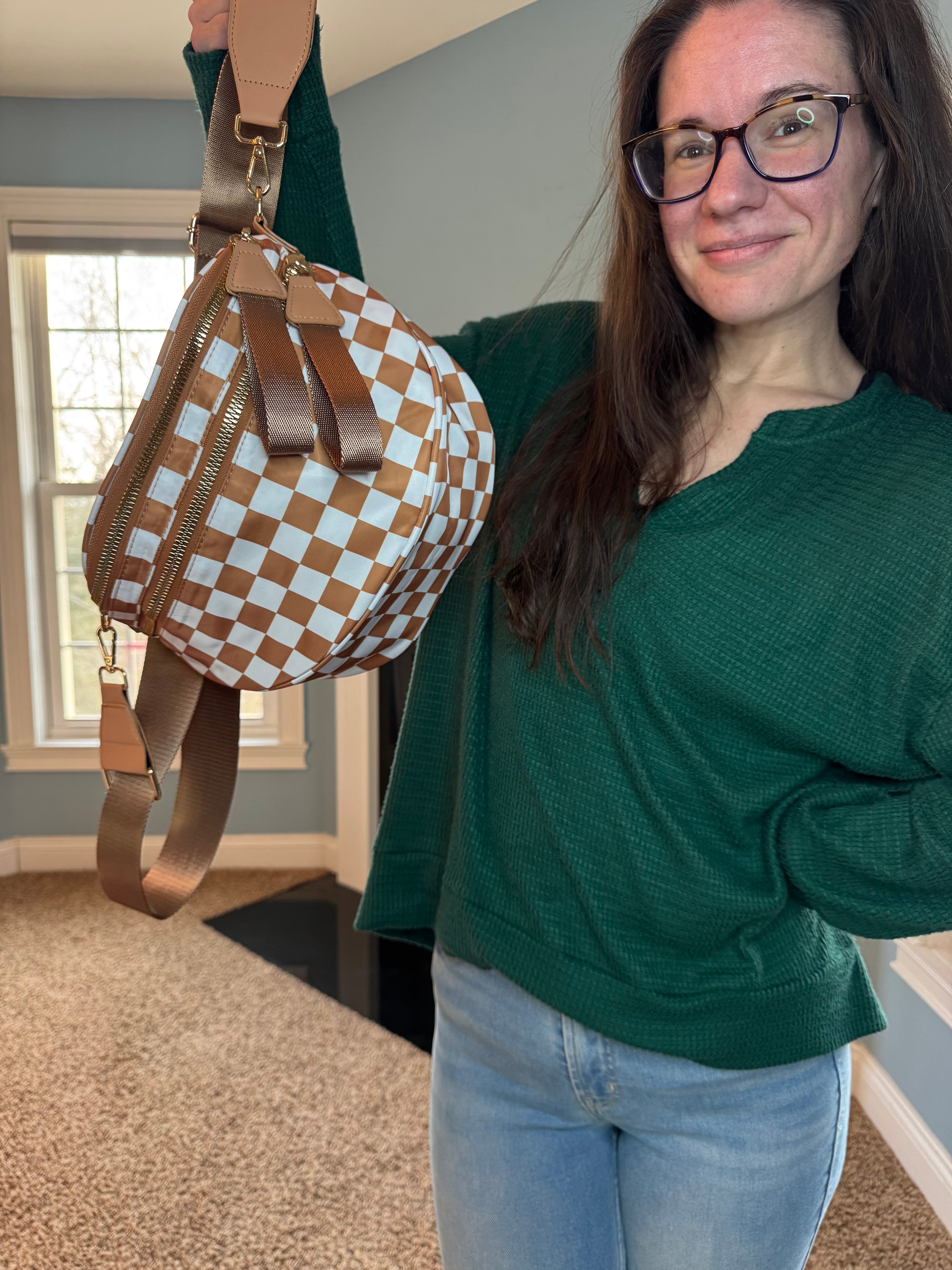 The Roni Nylon Crossbody - Checkered Camel