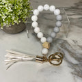 Silicone Bracelet Keychain with Wood Bead & Tassel - White Marble