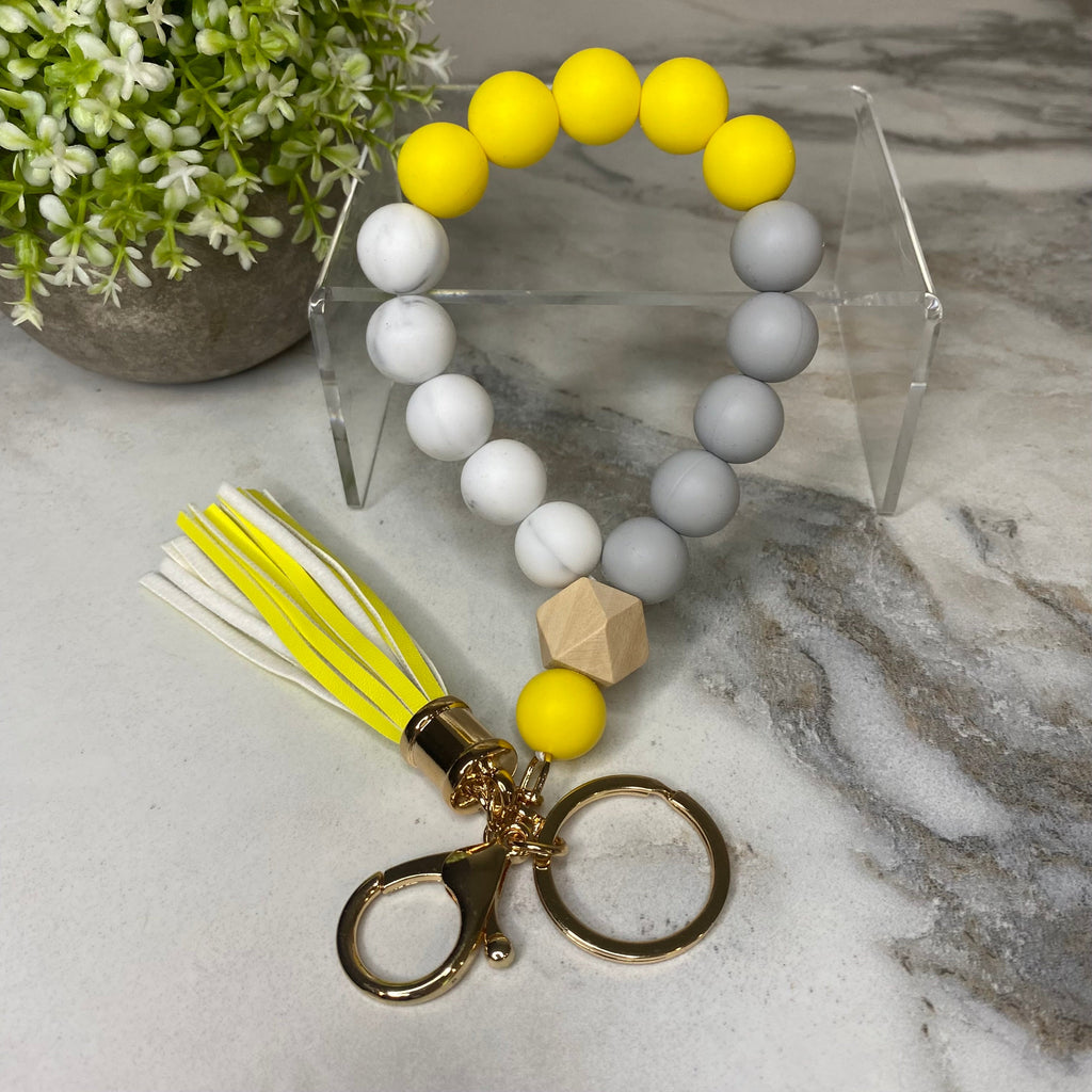 Silicone Bracelet Keychain with Wood Bead & Tassel - Yellow