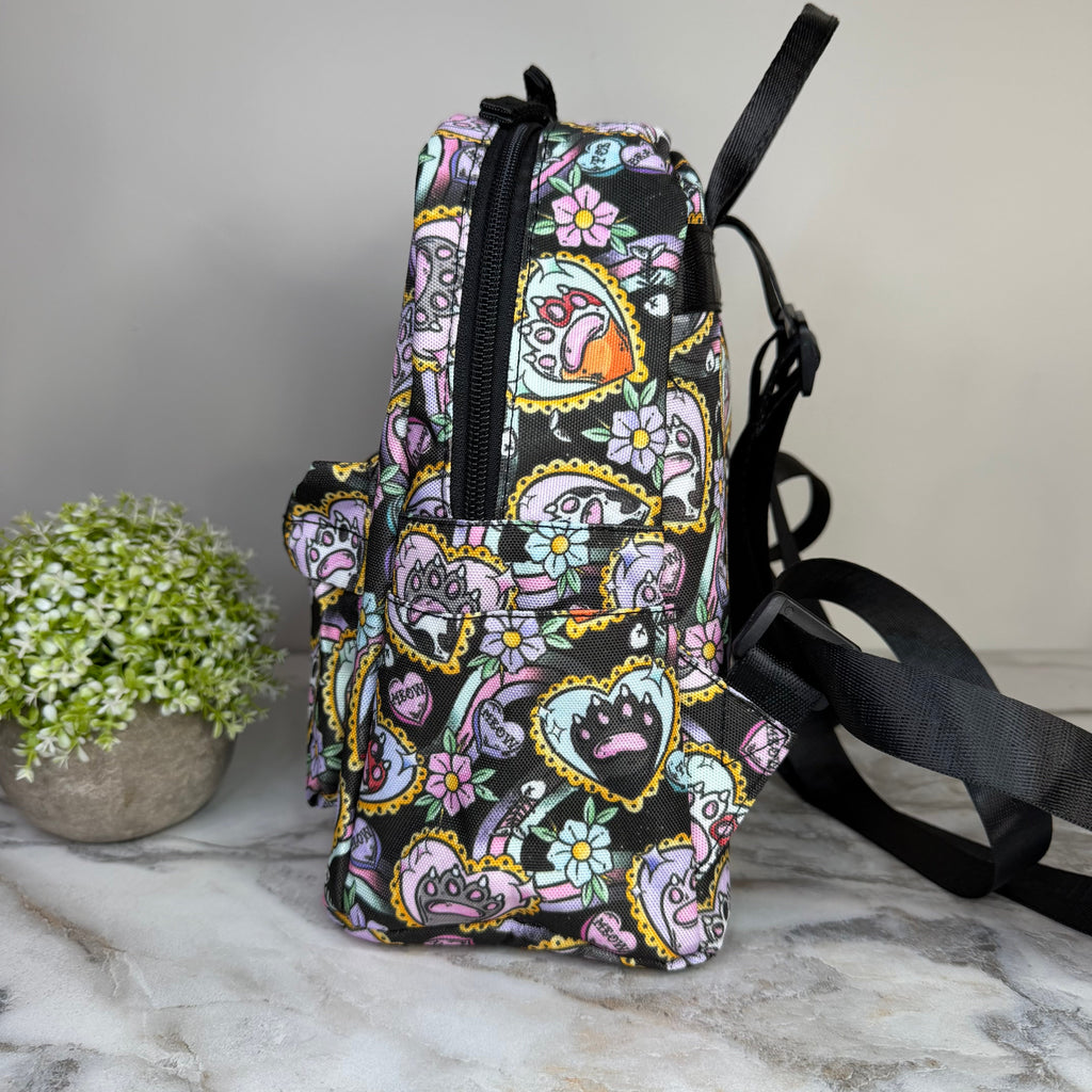 Mini Backpack - Cat Paw Meow on Black