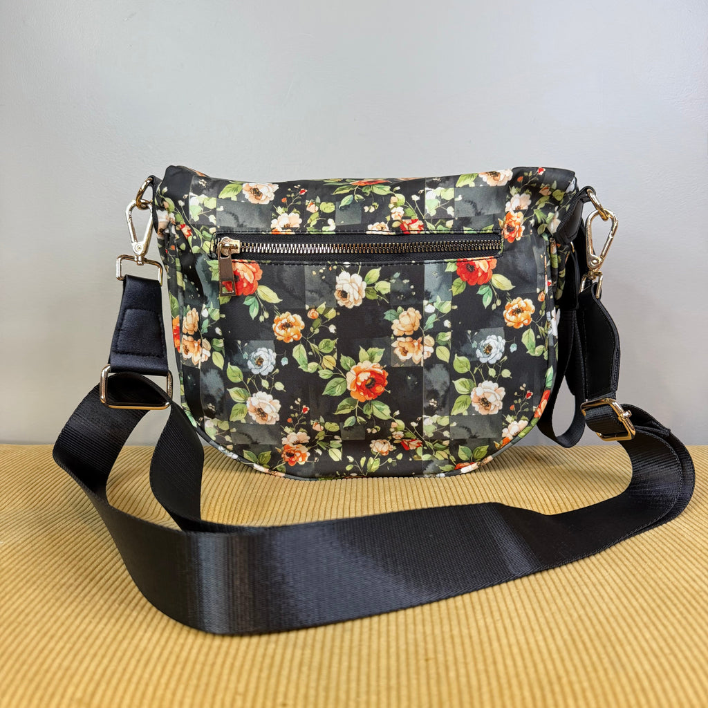 The Roni Nylon Crossbody - Floral on Black
