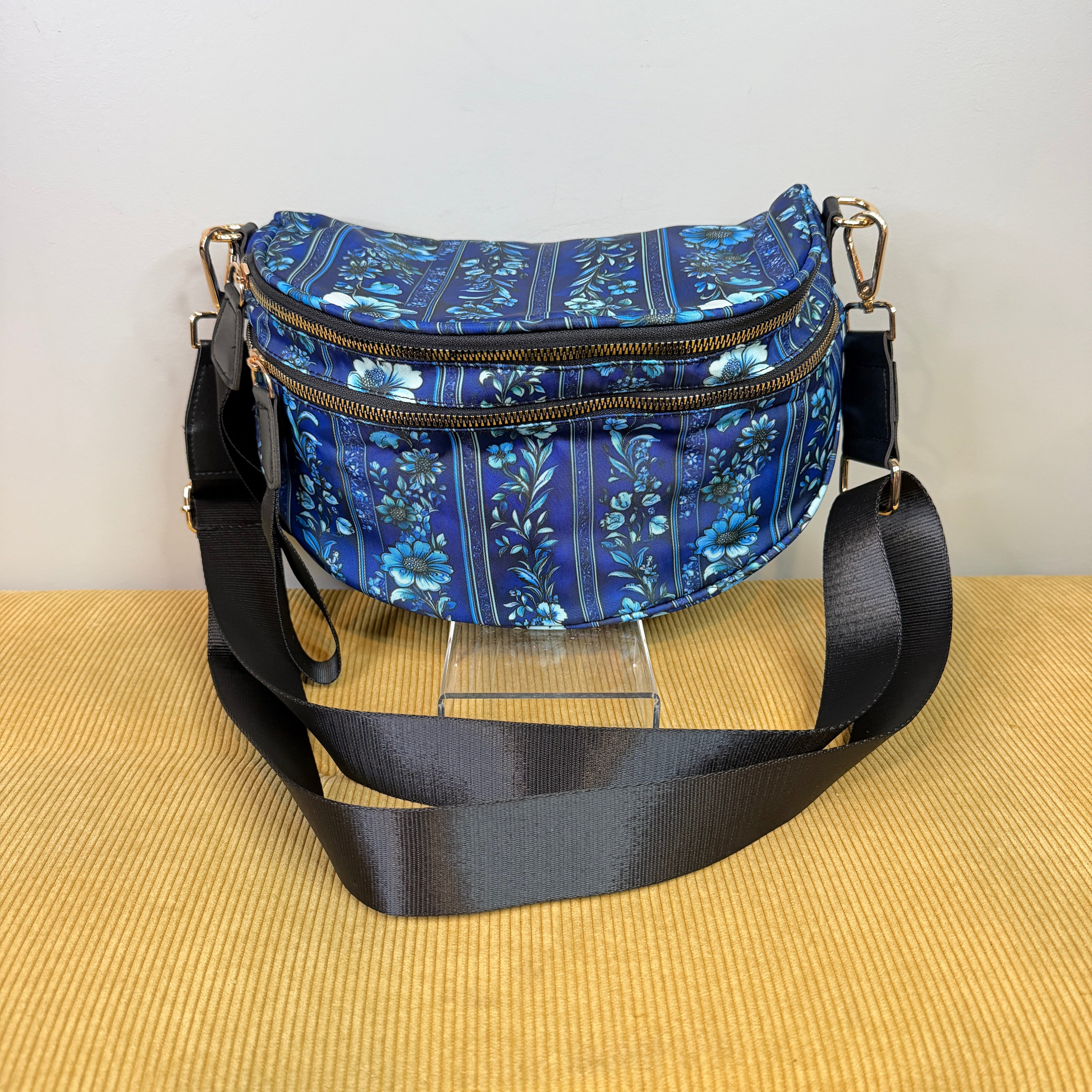 The Roni Nylon Crossbody - Blue Stripe Floral