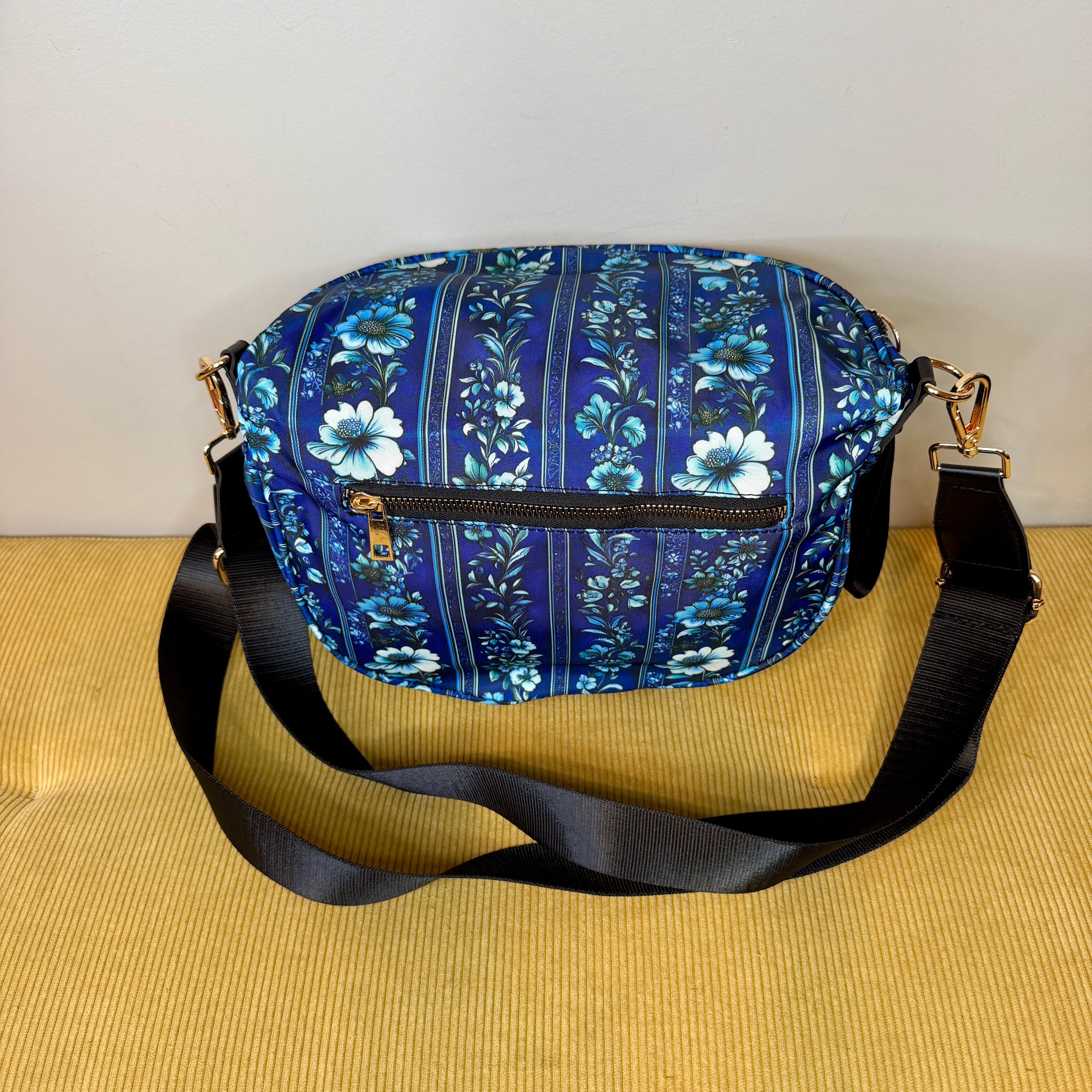 The Roni Nylon Crossbody - Blue Stripe Floral