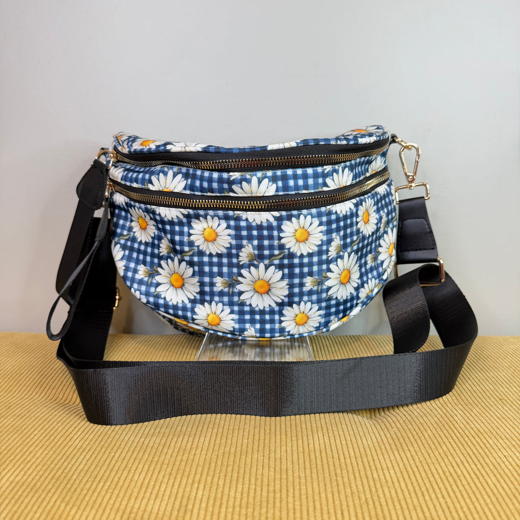 The Roni Nylon Crossbody - Blue Gingham Daisy Floral
