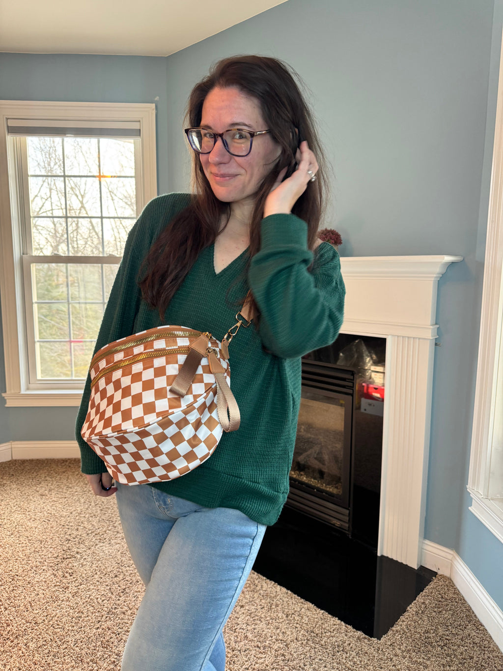 The Roni Nylon Crossbody - Checkered Camel