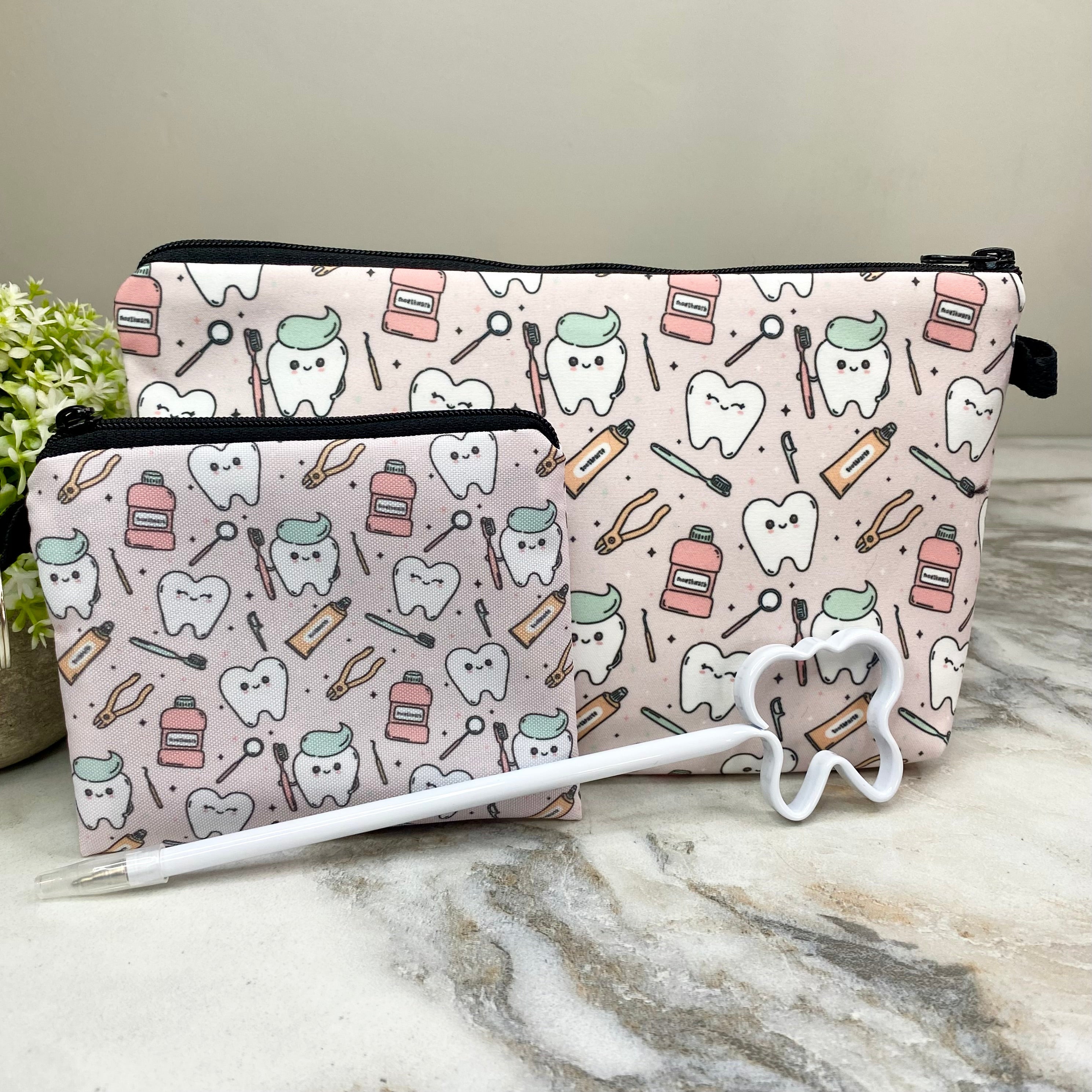 Pouch, Mini Pouch, & Pen Bundled Set - Tooth Dental Hygiene on Pink