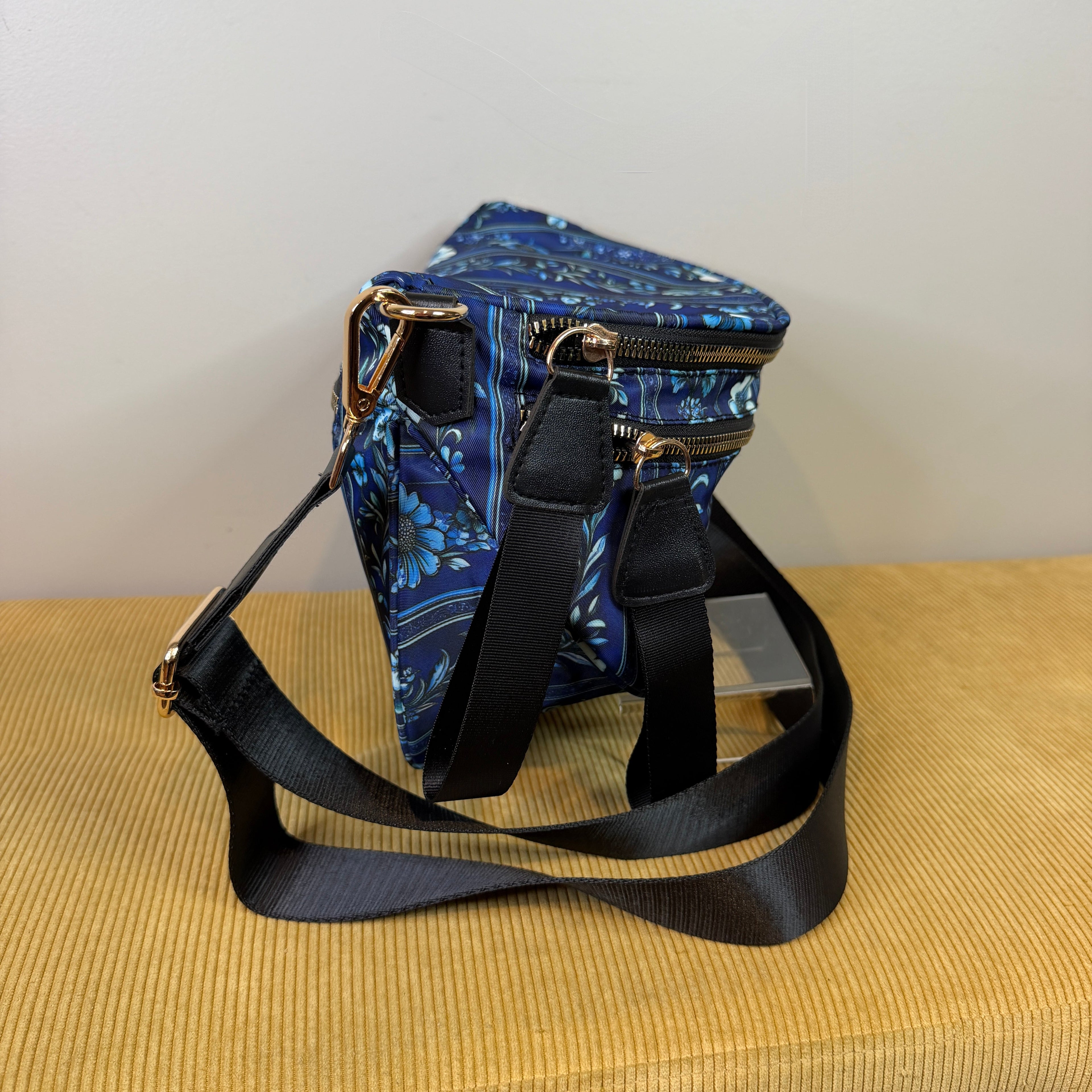 The Roni Nylon Crossbody - Blue Stripe Floral