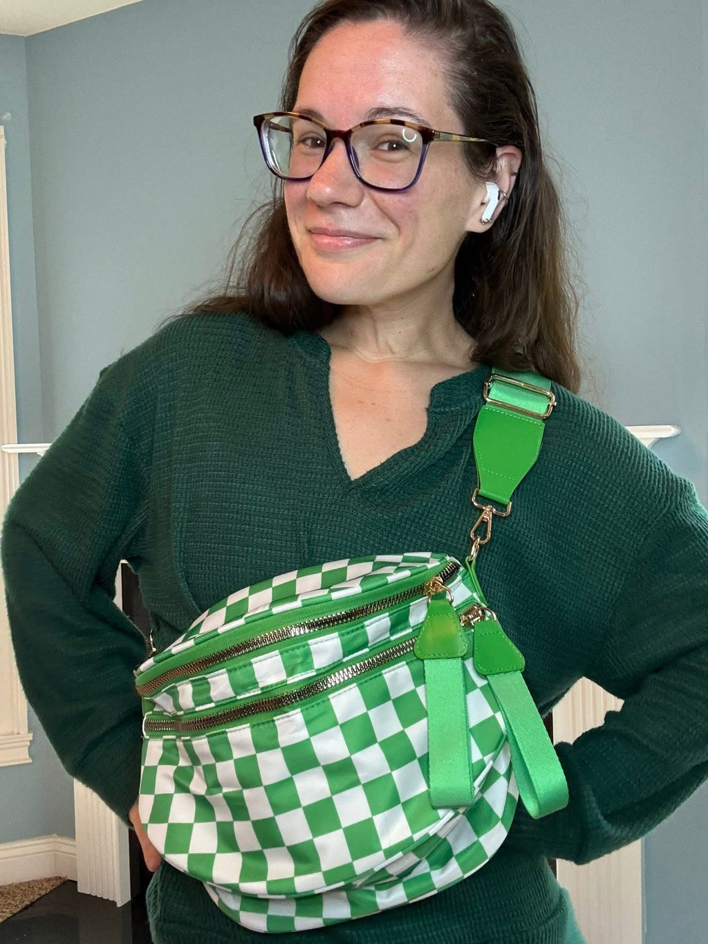 The Roni Nylon Crossbody - Checkered Kelly Green