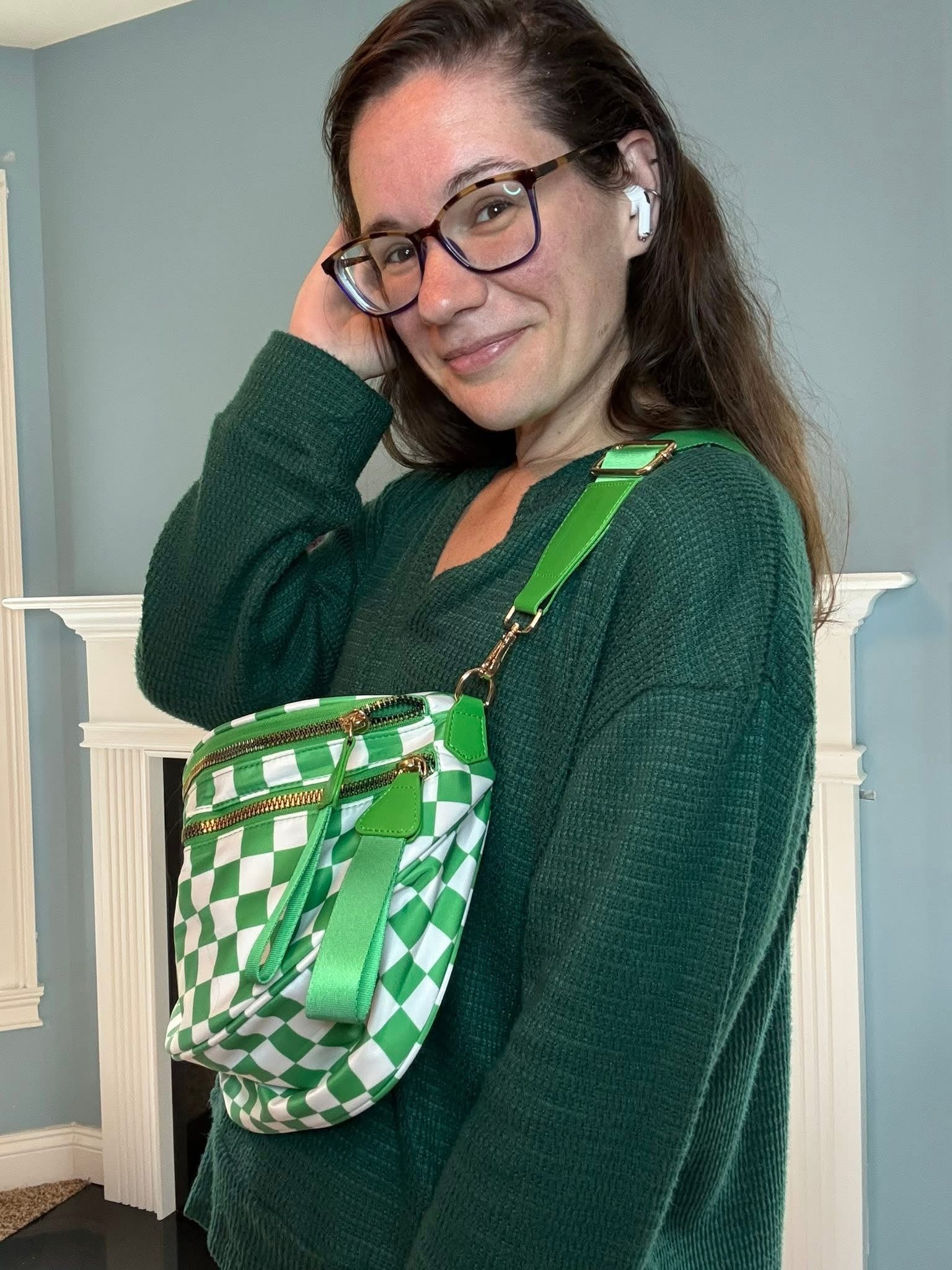The Roni Nylon Crossbody - Checkered Kelly Green